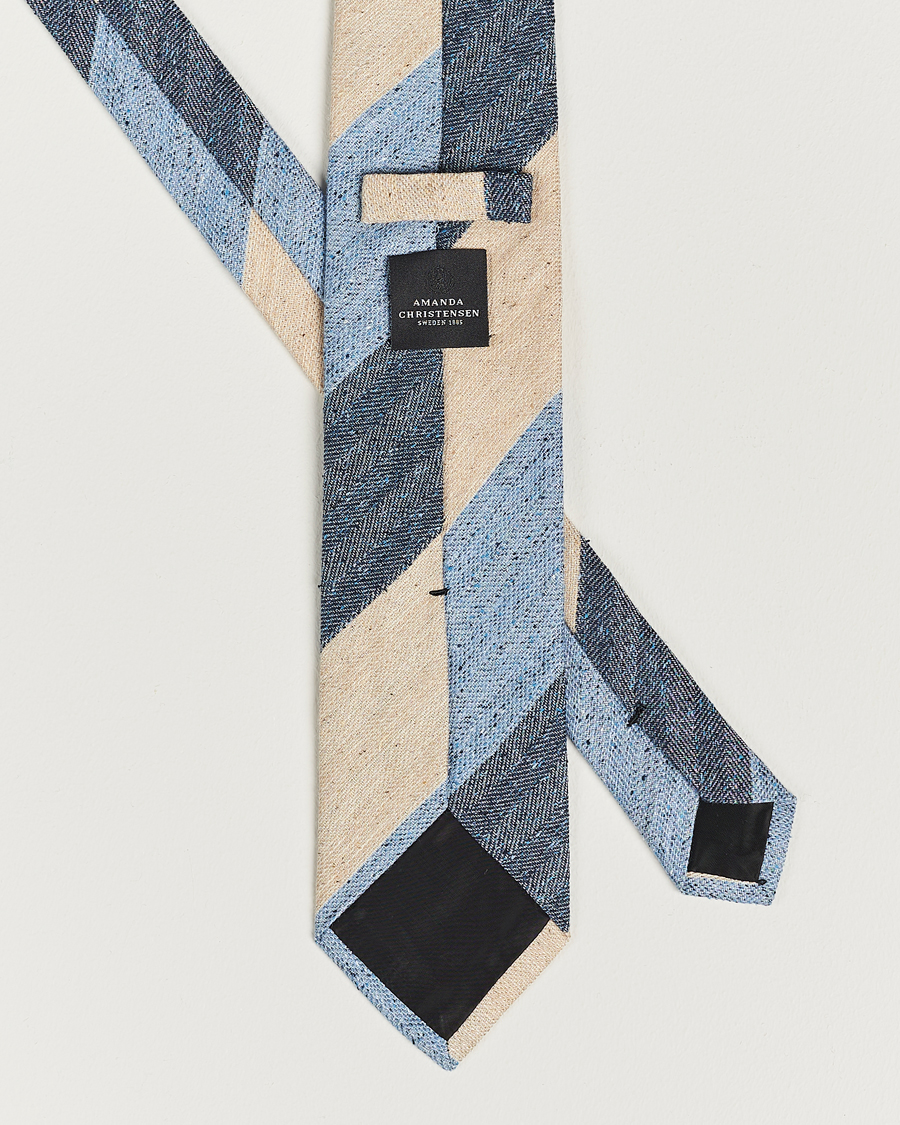 Herre | Amanda Christensen Silk/Linen/Cotton Block Striped 8cm Tie Navy/Blue/Beige | Amanda Christensen | Silk/Linen/Cotton Block Striped 8cm Tie Navy/Blue/Beige