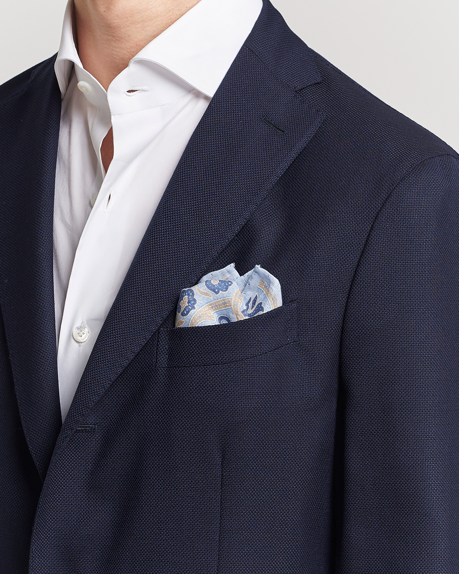 Herre | Amanda Christensen Linen Printed Large Paisley Pocket Square Blue | Amanda Christensen | Linen Printed Large Paisley Pocket Square Blue