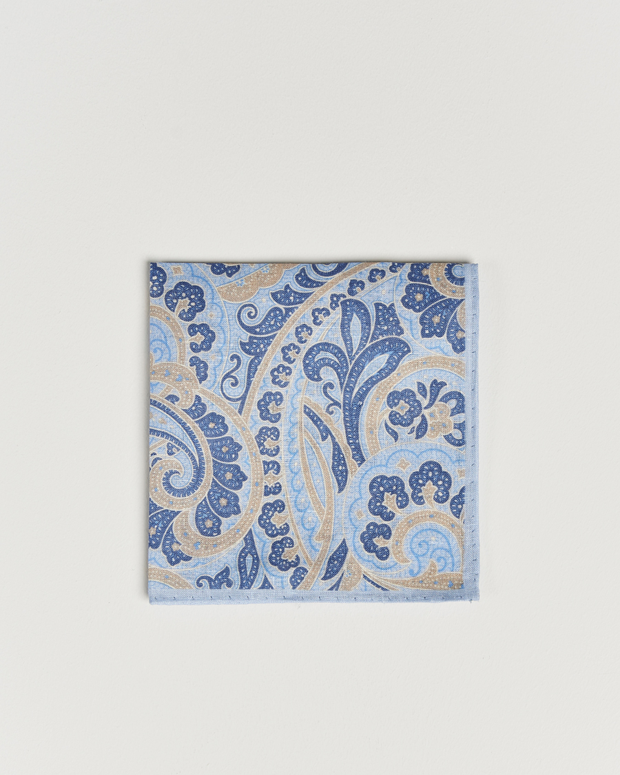 Herre | Amanda Christensen Linen Printed Large Paisley Pocket Square Blue | Amanda Christensen | Linen Printed Large Paisley Pocket Square Blue