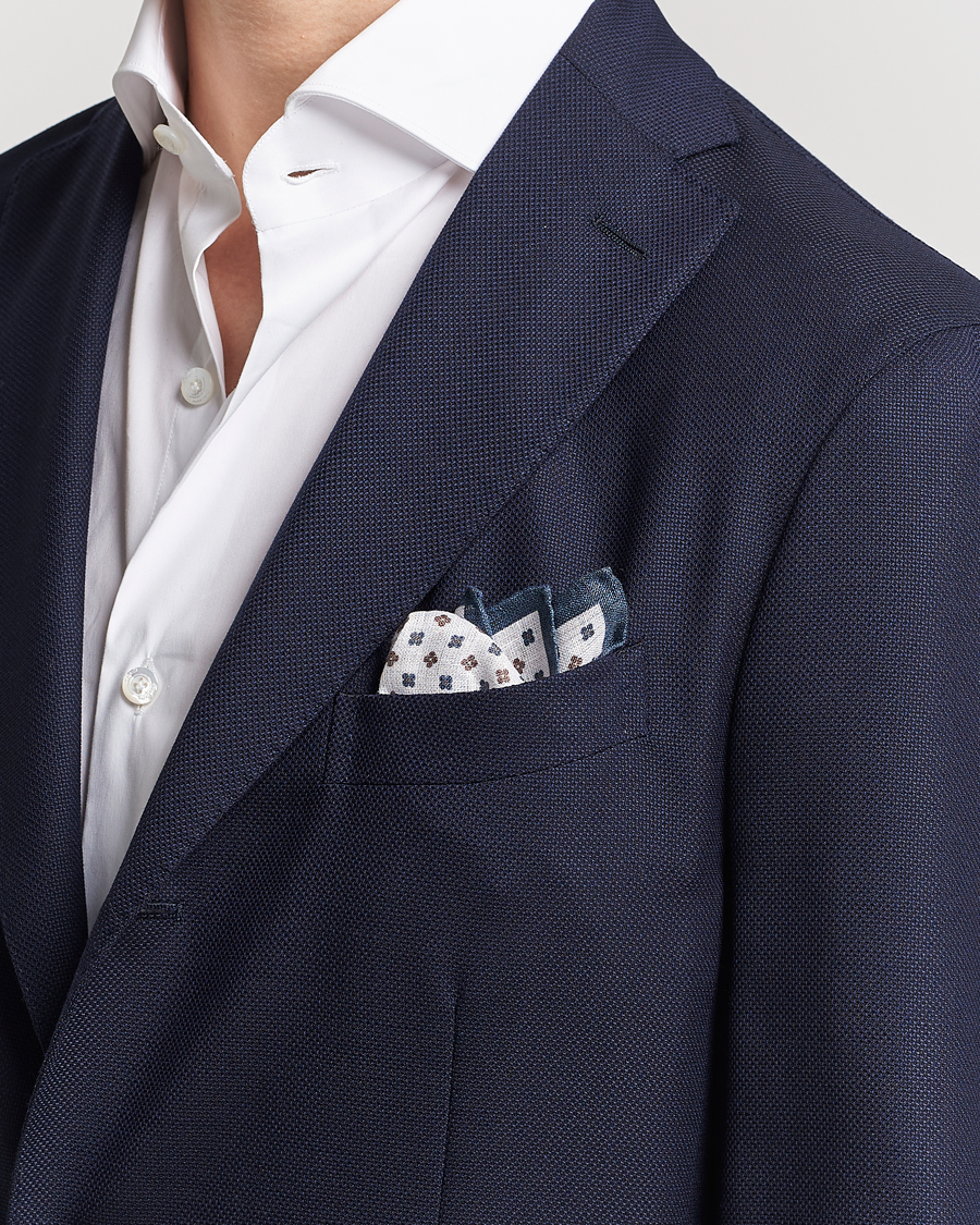 Herre | Lommeklude | Amanda Christensen | Linen Paspoal Printed Flower Pocket Square White/Navy