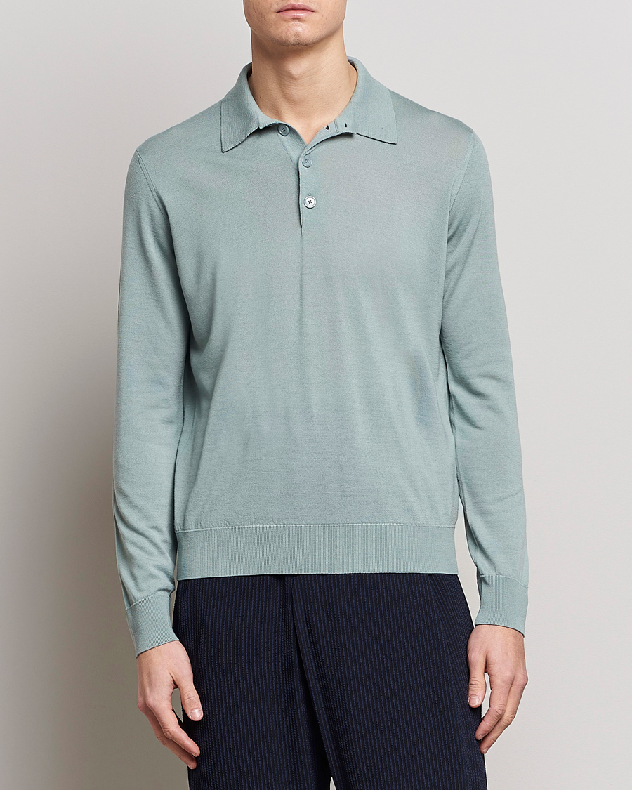 Herre | Luxury Brands | Giorgio Armani | Long Sleeve Knitted Polo Light Grey
