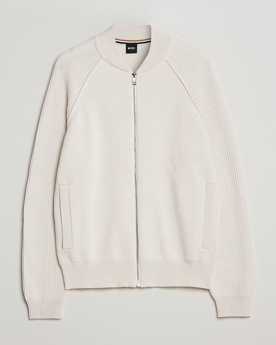 Herre | Trøjer | BOSS BLACK | Grissino Structured Knitted Full-Zip Open White