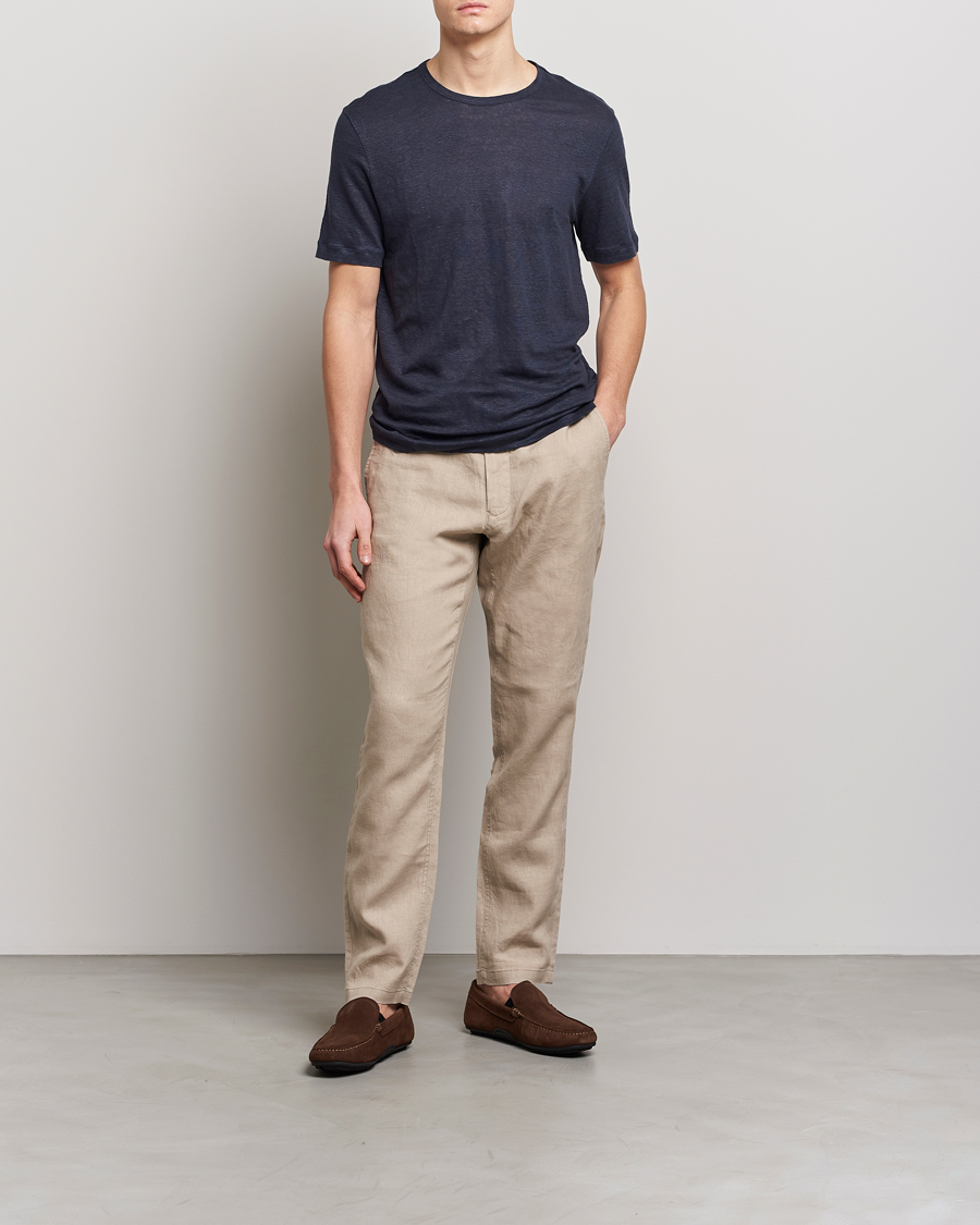 Herre | T-Shirts | BOSS BLACK | Tiburt Linen Crew Neck T-Shirt Dark Blue