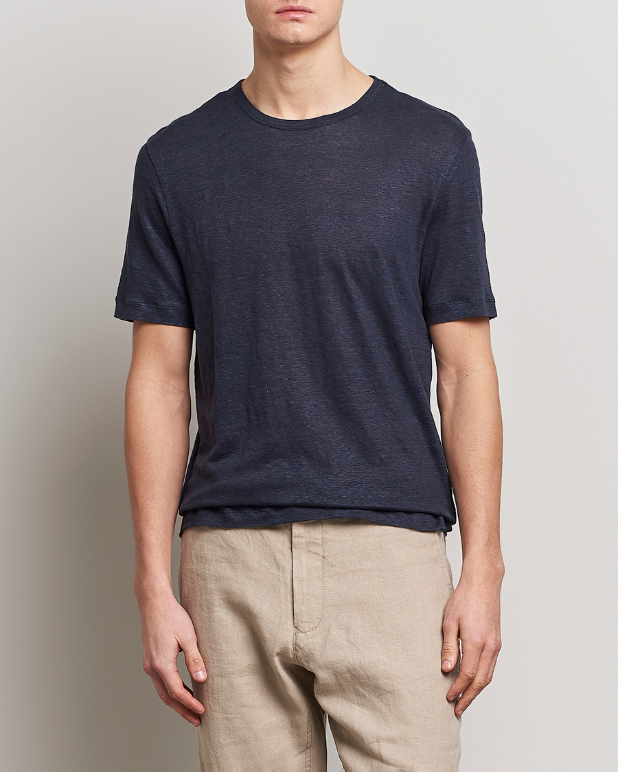 Herre | T-Shirts | BOSS BLACK | Tiburt Linen Crew Neck T-Shirt Dark Blue