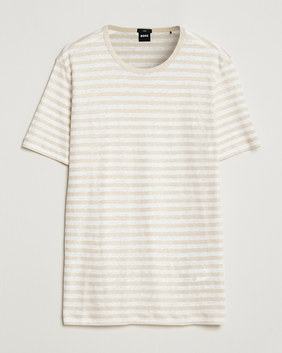 Herre | T-Shirts | BOSS BLACK | Tiburt Striped Linen Crew Neck T-Shirt Open White