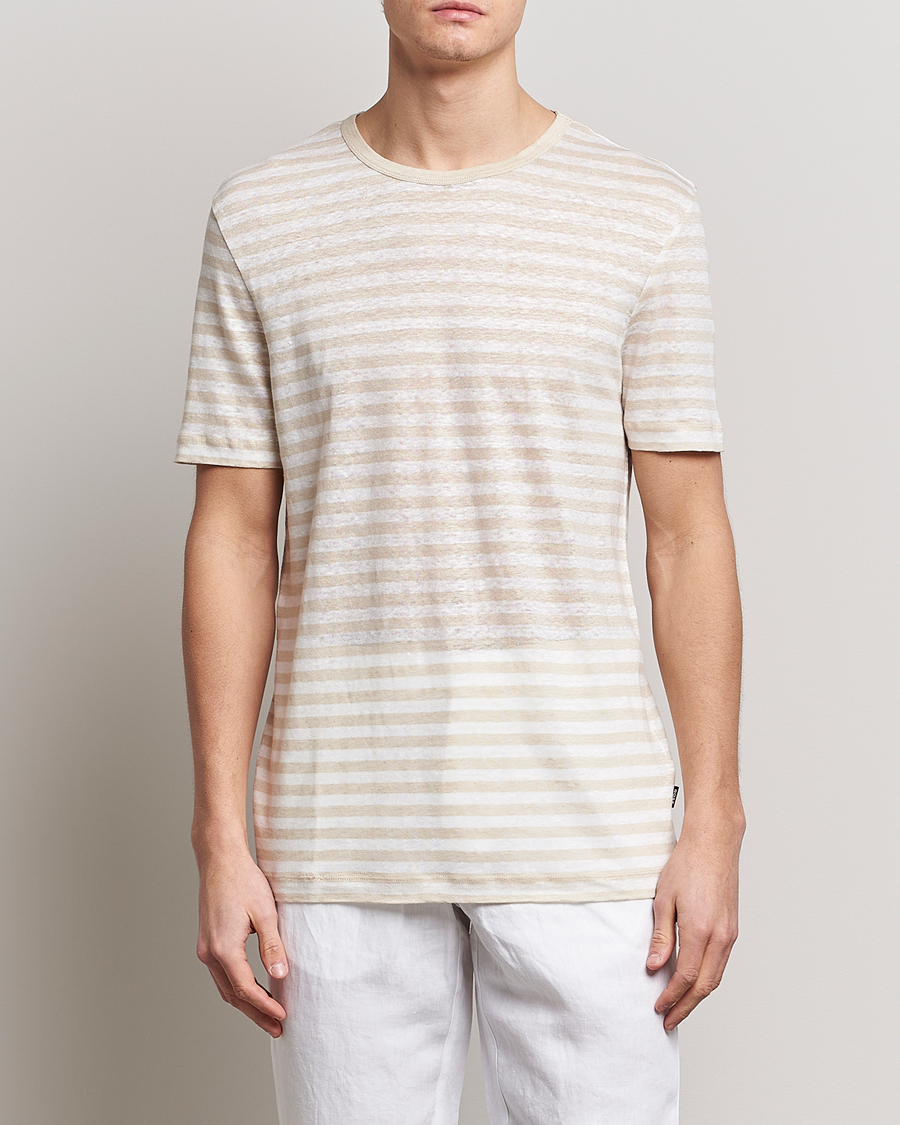 Herre | T-Shirts | BOSS BLACK | Tiburt Striped Linen Crew Neck T-Shirt Open White