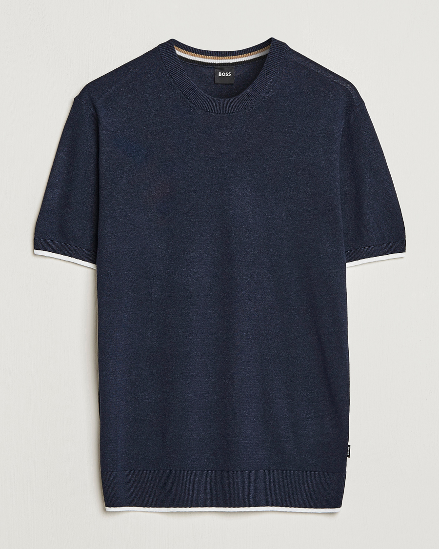Herre | T-Shirts | BOSS BLACK | Giacco Knitted Crew Neck T-Shirt Dark Blue
