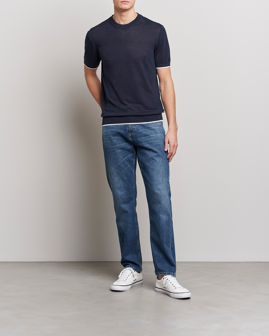 Herre | T-Shirts | BOSS BLACK | Giacco Knitted Crew Neck T-Shirt Dark Blue