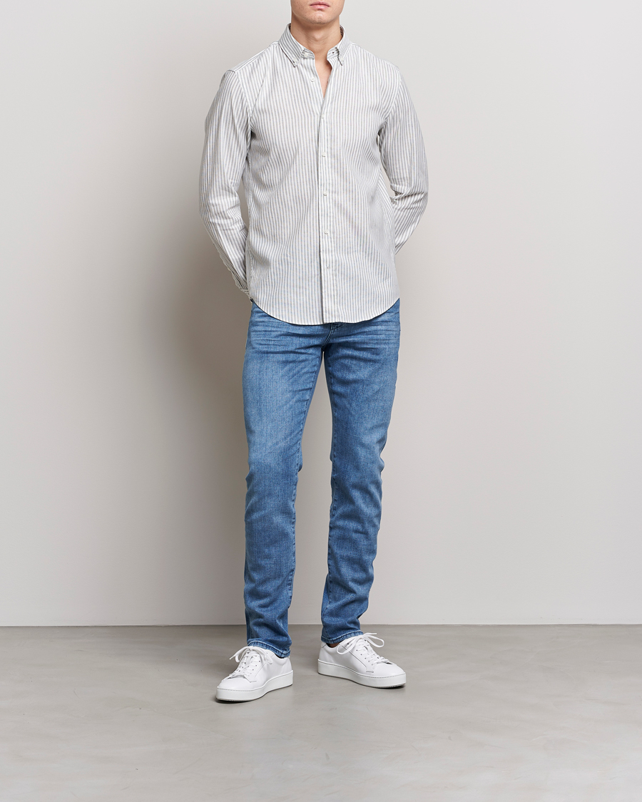 Herre | Skjorter | BOSS BLACK | Hal Cotton/Linen Striped Shirt Open Green