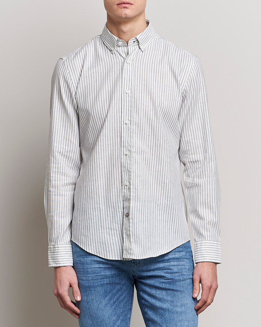 Herre | Skjorter | BOSS BLACK | Hal Cotton/Linen Striped Shirt Open Green