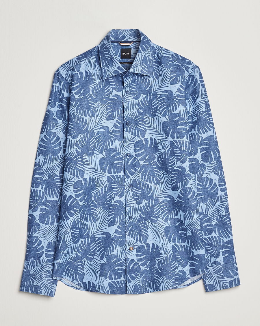 Herre | Skjorter | BOSS BLACK | Hal Cotton/Linen Flower Shirt Open Blue
