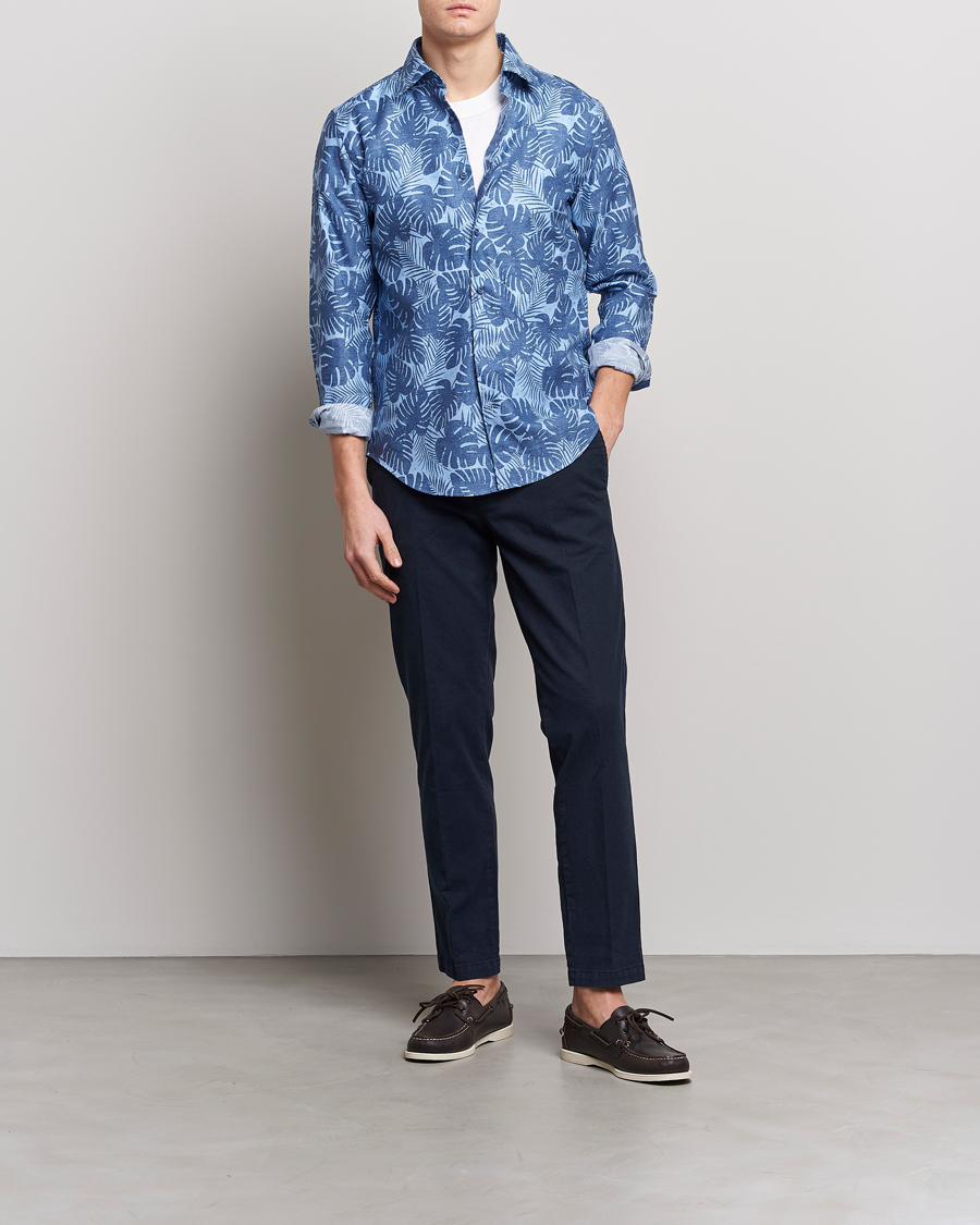 Herre | Skjorter | BOSS BLACK | Hal Cotton/Linen Flower Shirt Open Blue