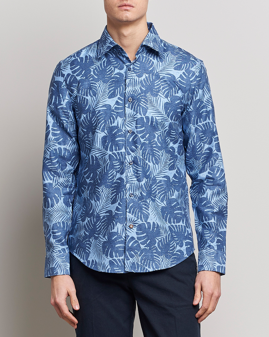 Herre |  | BOSS BLACK | Hal Cotton/Linen Flower Shirt Open Blue