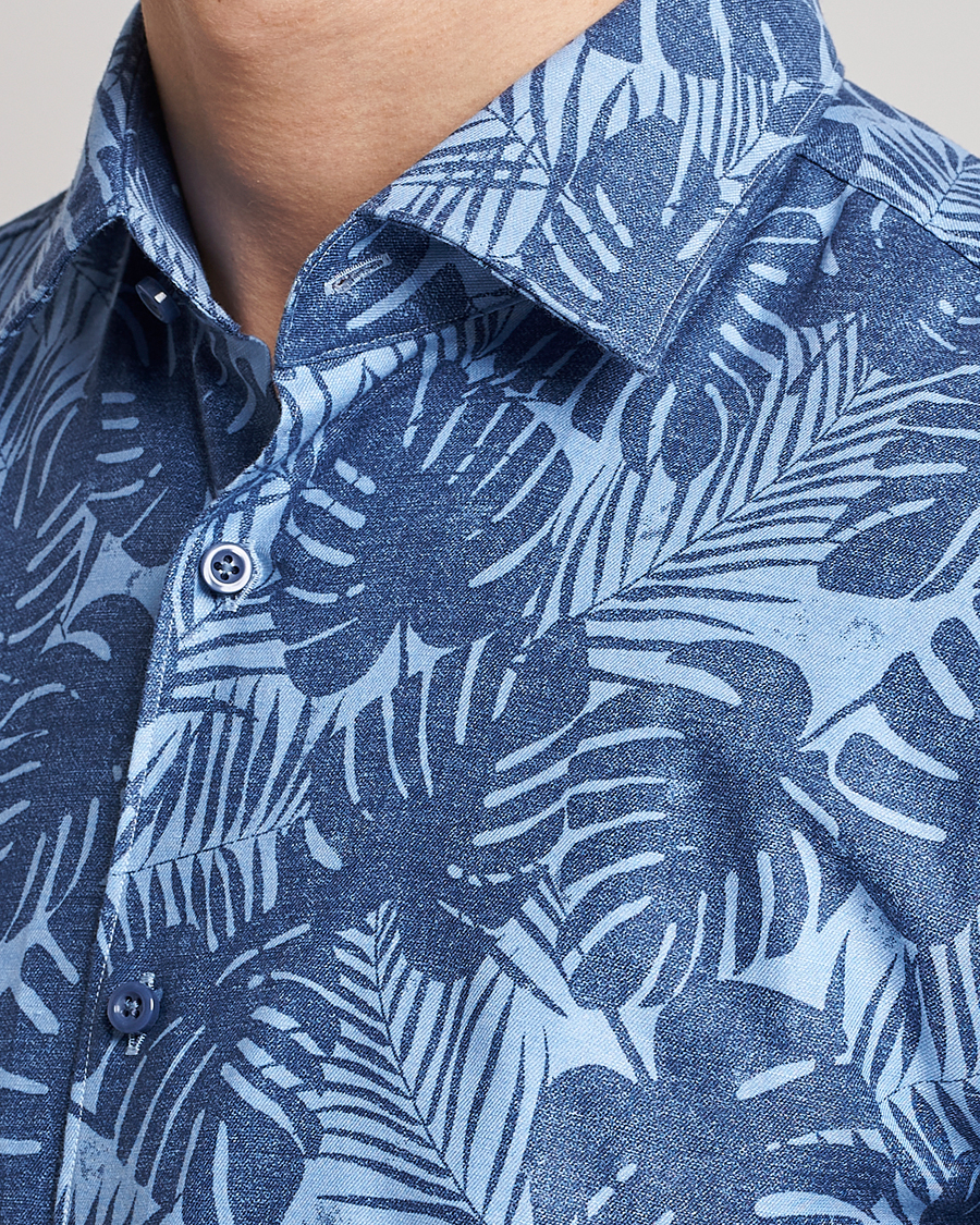 Herre | Skjorter | BOSS BLACK | Hal Cotton/Linen Flower Shirt Open Blue