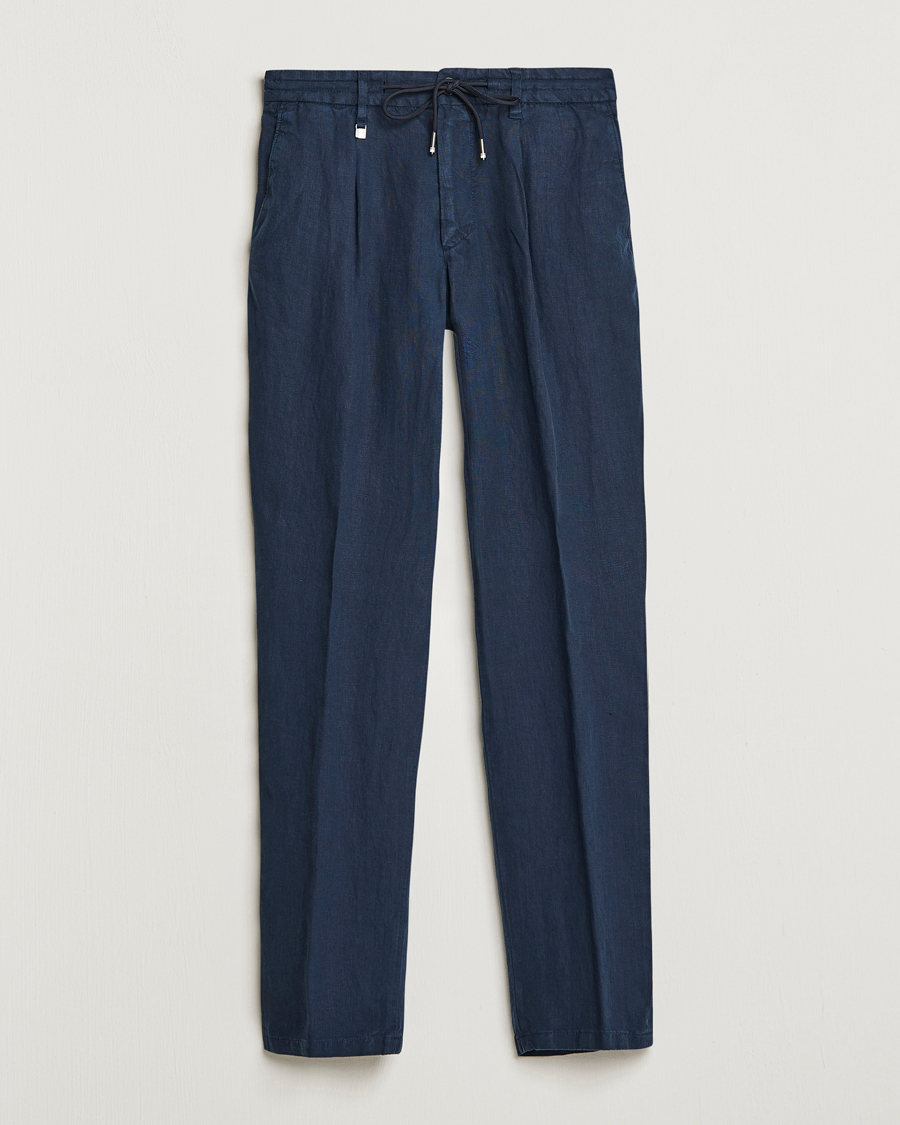Herre | Bukser | BOSS BLACK | Genius Pleated Linen Drawstring Trousers Dark Blue