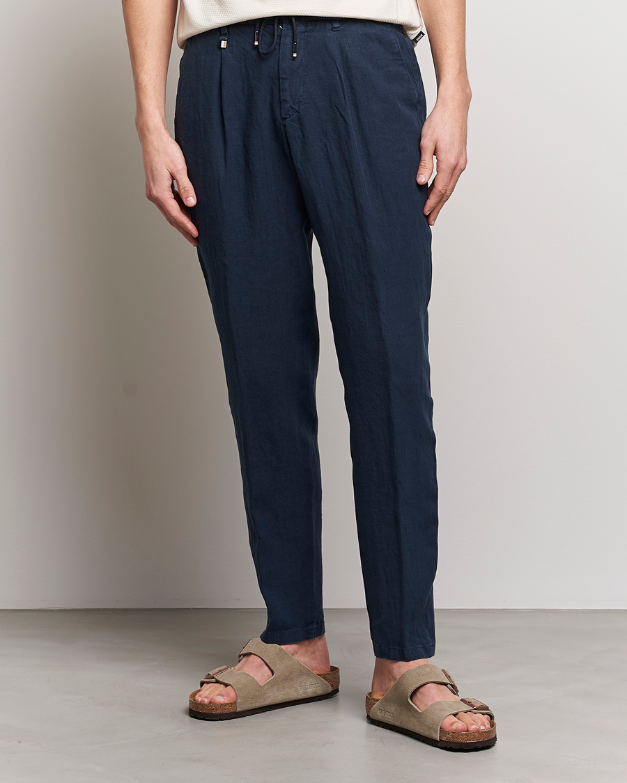 Herre | Bukser | BOSS BLACK | Genius Pleated Linen Drawstring Trousers Dark Blue