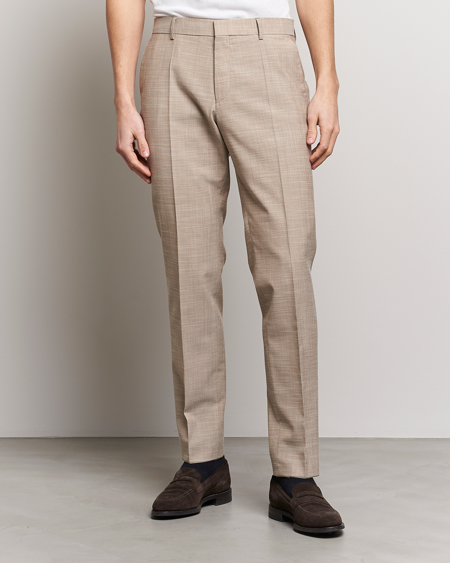 Herre | Habitbukser | BOSS BLACK | Genius Wool/Cotton Pleated Trousers Light Beige