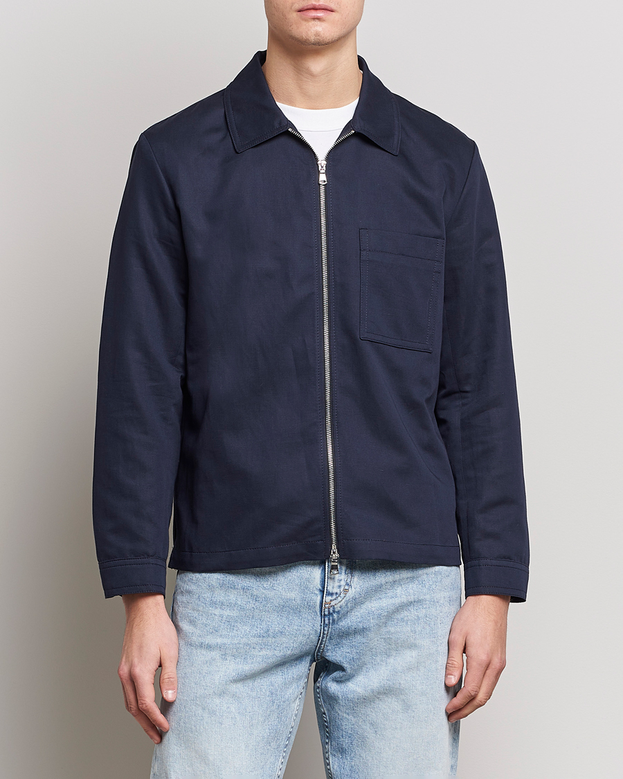 Herre | Shirt Jackets | J.Lindeberg | Jason Cotton/Linen Stretch Zip Overshirt Navy