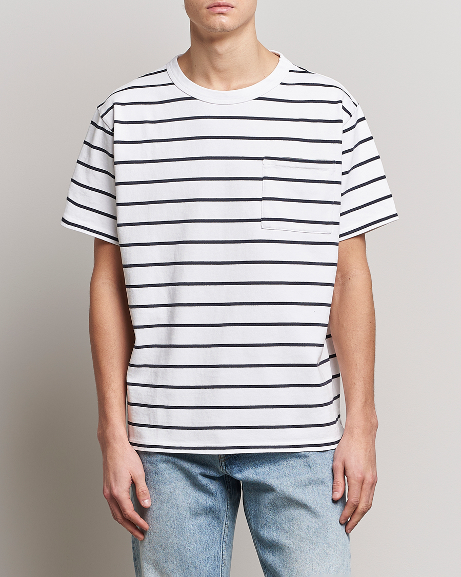 Herre | T-Shirts | Jeanerica | Hervé Striped Heacy Crew Neck T-Shirt White/Navy