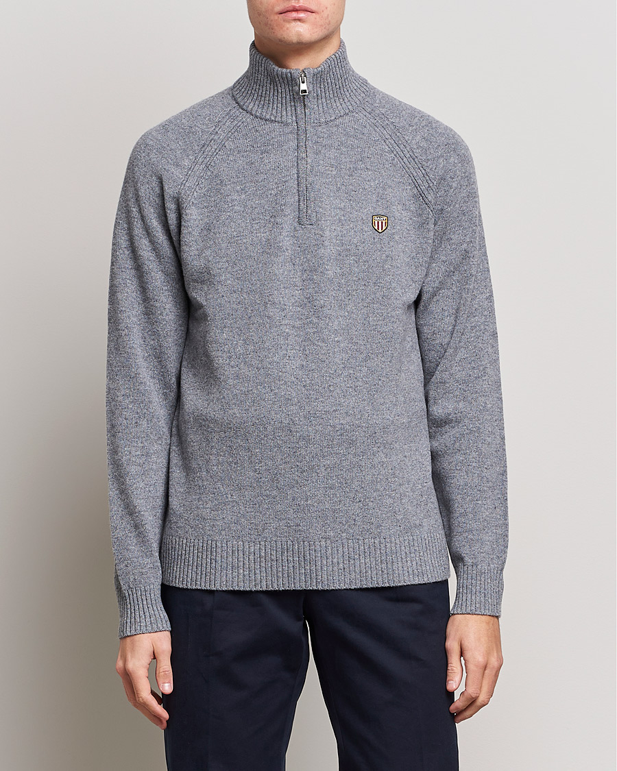 Herre | Trøjer | GANT | Banner Shield Lambswool Half Zip Dark Grey Melange