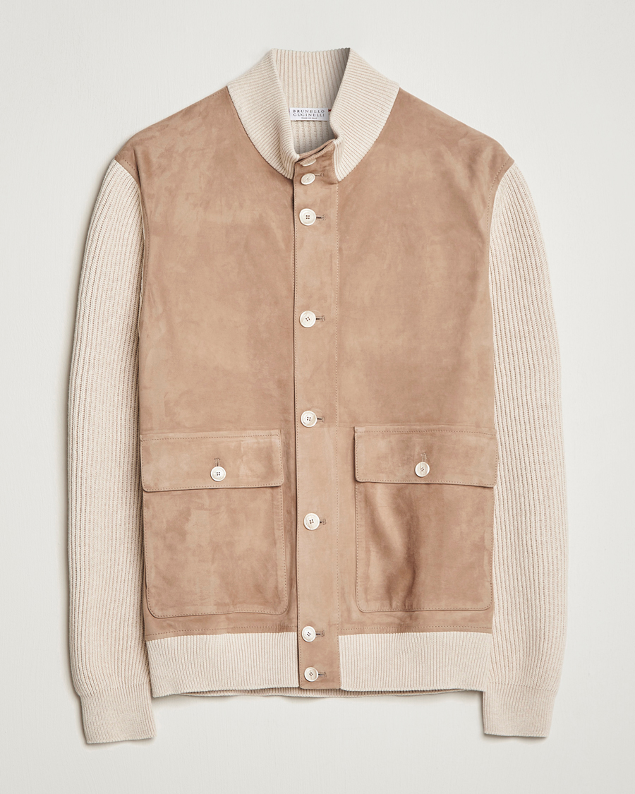 Herre | Jakker | Brunello Cucinelli | Suede Knit Bomber Jacket Beige Suede