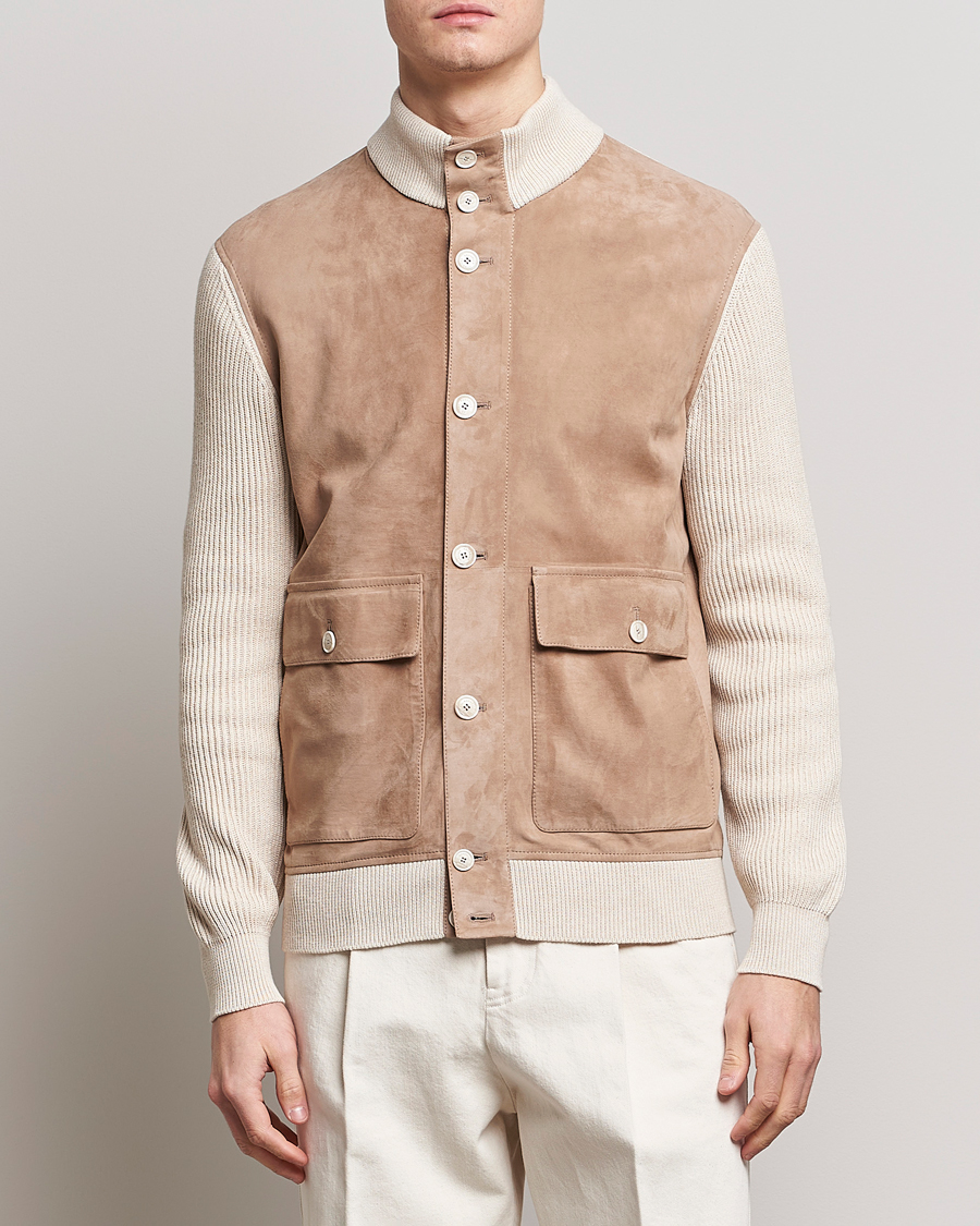 Herre | Jakker | Brunello Cucinelli | Suede Knit Bomber Jacket Beige Suede