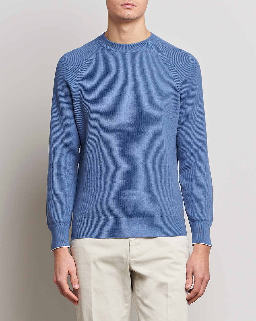 Herre | Pullovers med rund hals | Brunello Cucinelli | Rib Stitch Crew Neck Sweater Oxford Blue