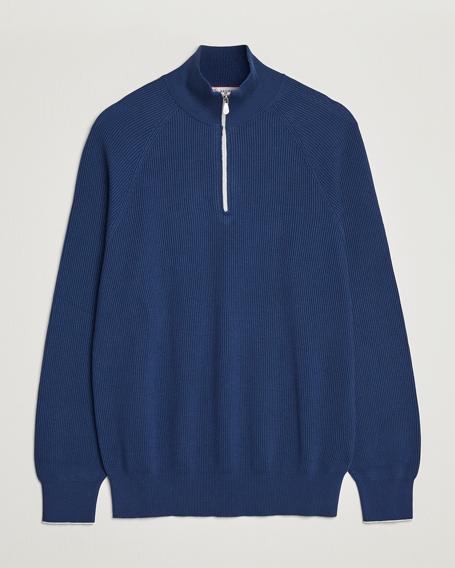 Herre | Trøjer | Brunello Cucinelli | Rib Stitch Half Zip Ocean Blue