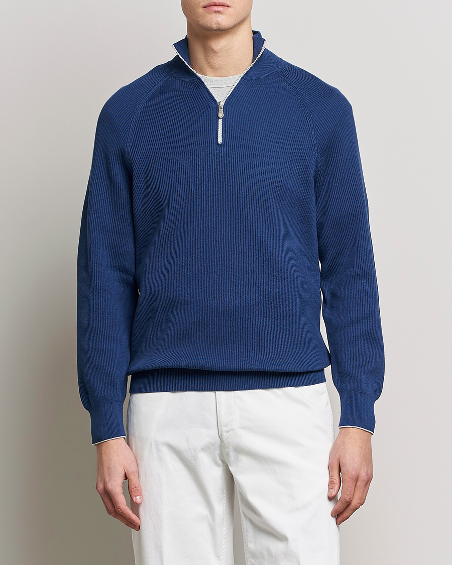 Herre | Trøjer | Brunello Cucinelli | Rib Stitch Half Zip Ocean Blue