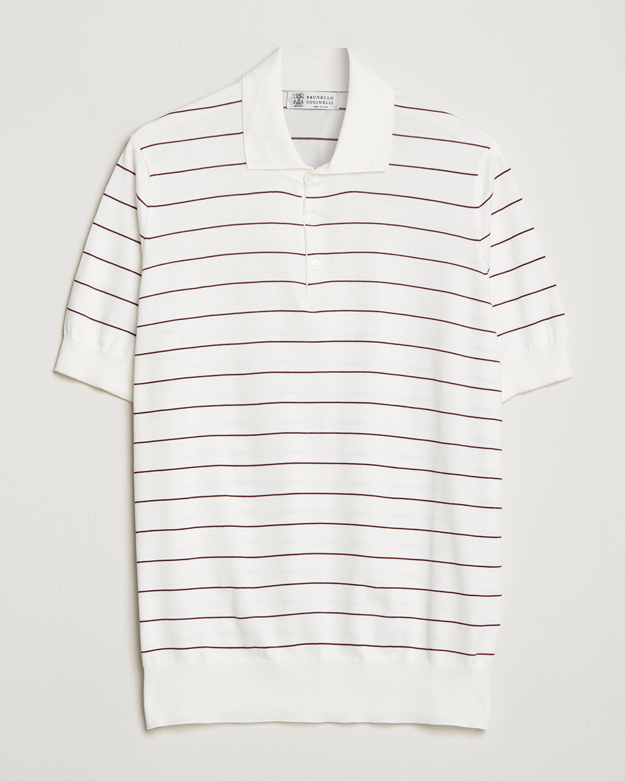 Herre | Polotrøjer | Brunello Cucinelli | Short Sleeve Striped Knitted Polo White/Burgundy