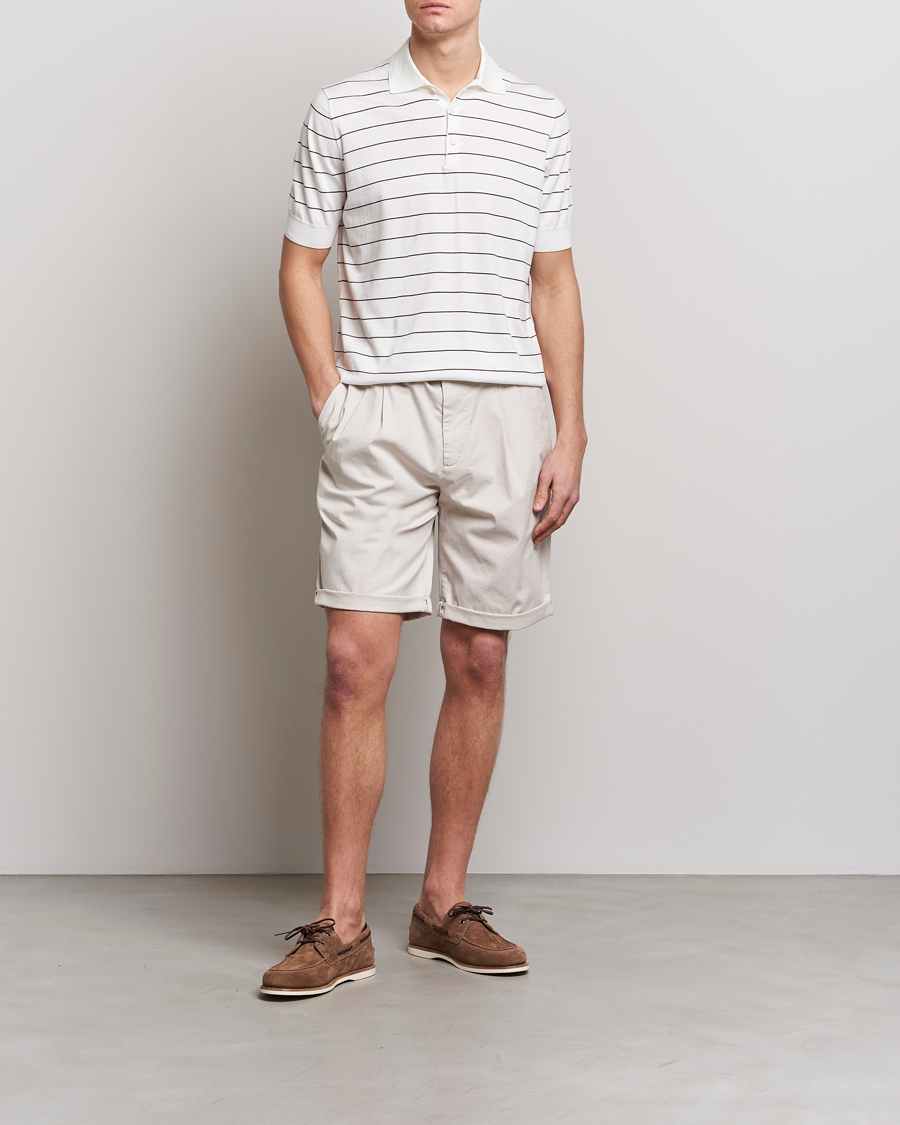 Herre | Polotrøjer | Brunello Cucinelli | Short Sleeve Striped Knitted Polo White/Burgundy