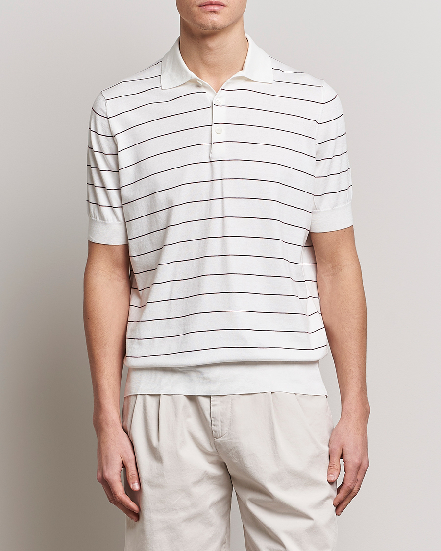 Herre | Polotrøjer | Brunello Cucinelli | Short Sleeve Striped Knitted Polo White/Burgundy