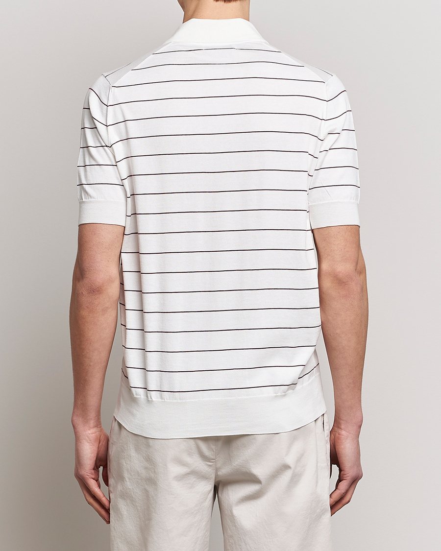 Herre | Polotrøjer | Brunello Cucinelli | Short Sleeve Striped Knitted Polo White/Burgundy