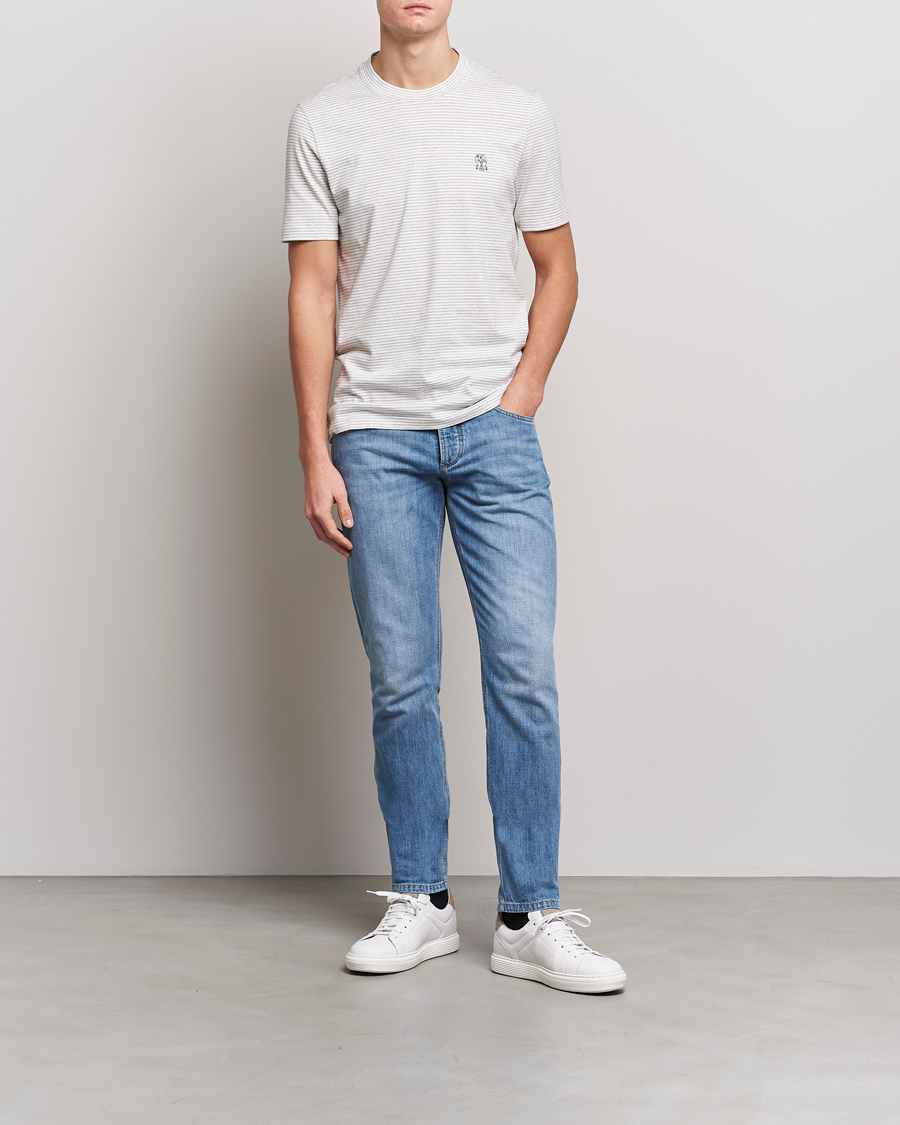 Herre | T-Shirts | Brunello Cucinelli | Short Sleeve Striped T-Shirt Light Grey