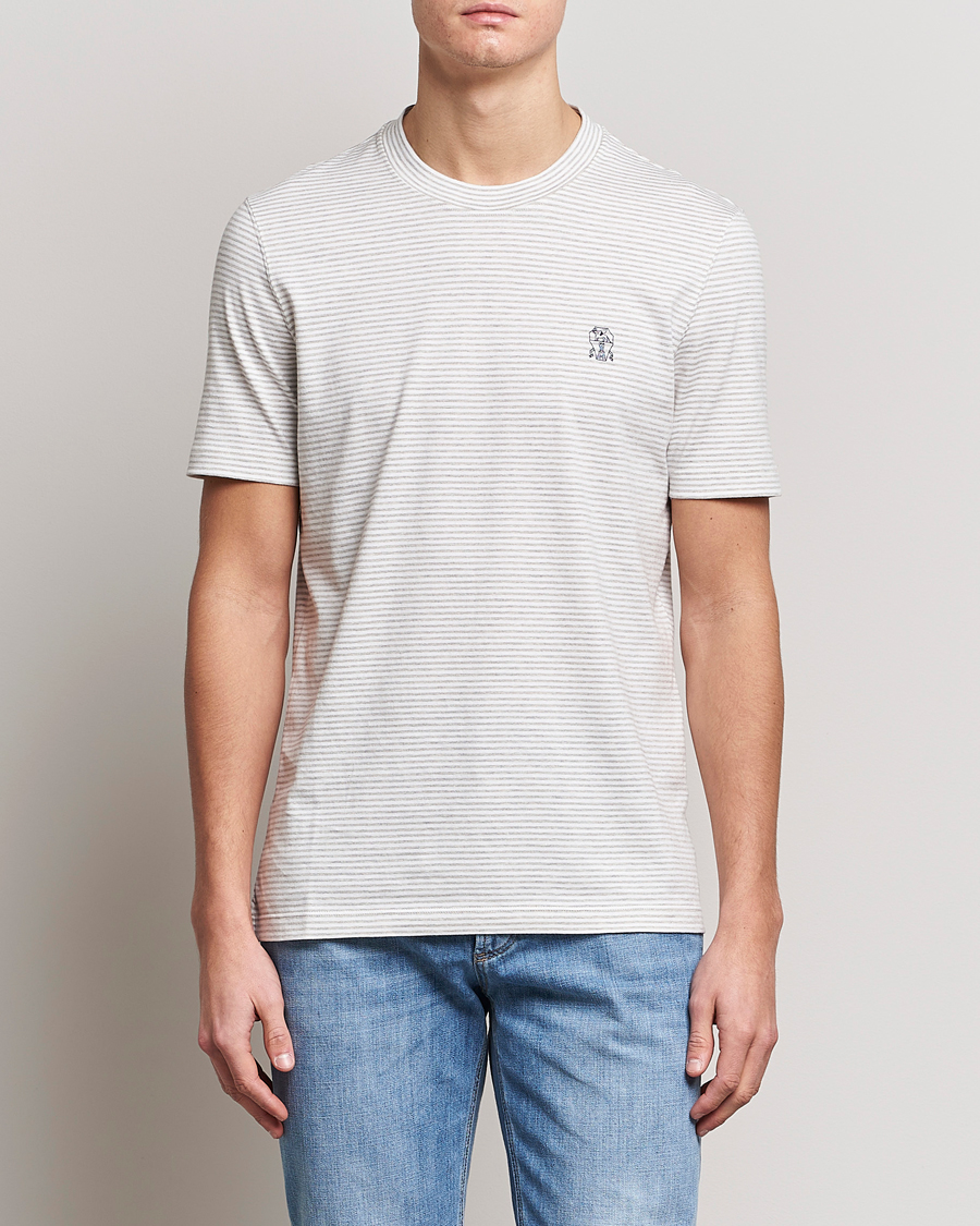 Herre | T-Shirts | Brunello Cucinelli | Short Sleeve Striped T-Shirt Light Grey
