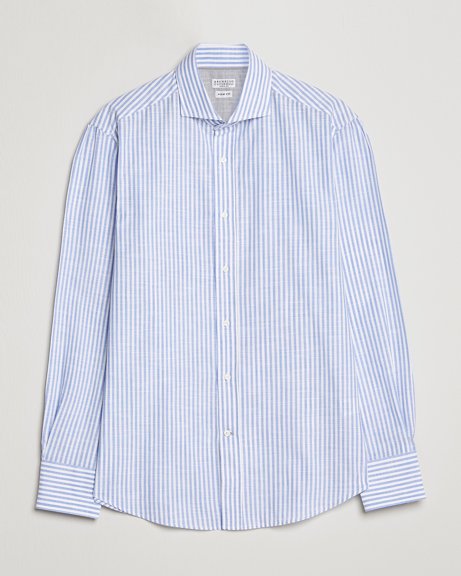 Herre | Skjorter | Brunello Cucinelli | Slim Fit Linen Striped Shirt Light Blue