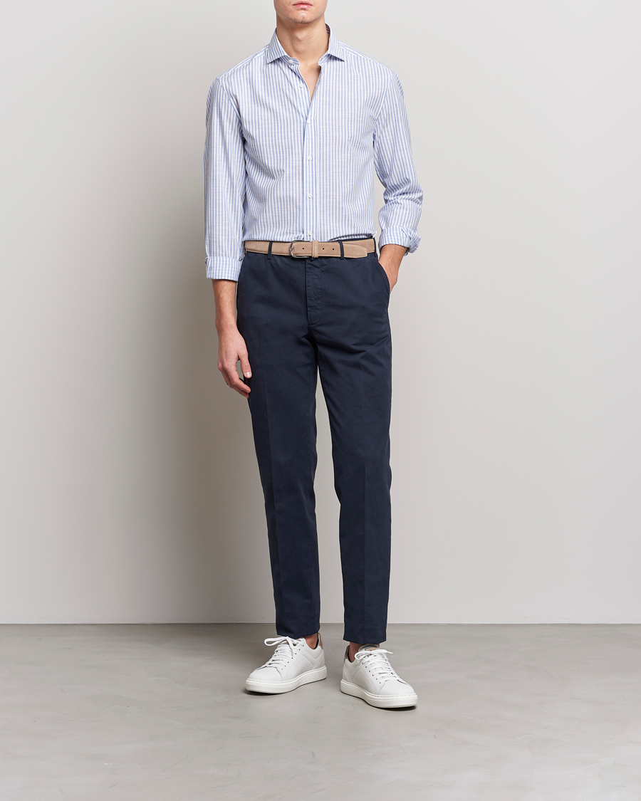 Herre | Skjorter | Brunello Cucinelli | Slim Fit Linen Striped Shirt Light Blue