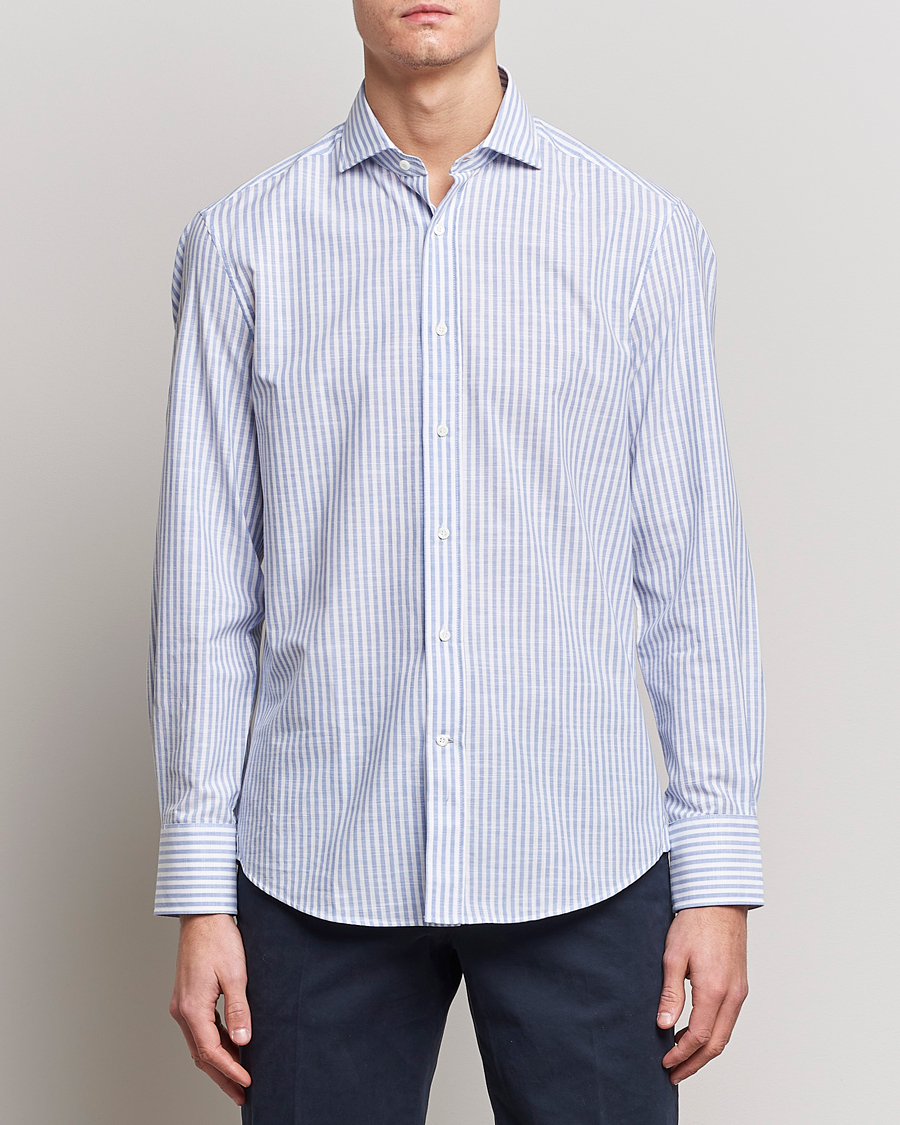 Herre | Hørskjorter | Brunello Cucinelli | Slim Fit Linen Striped Shirt Light Blue