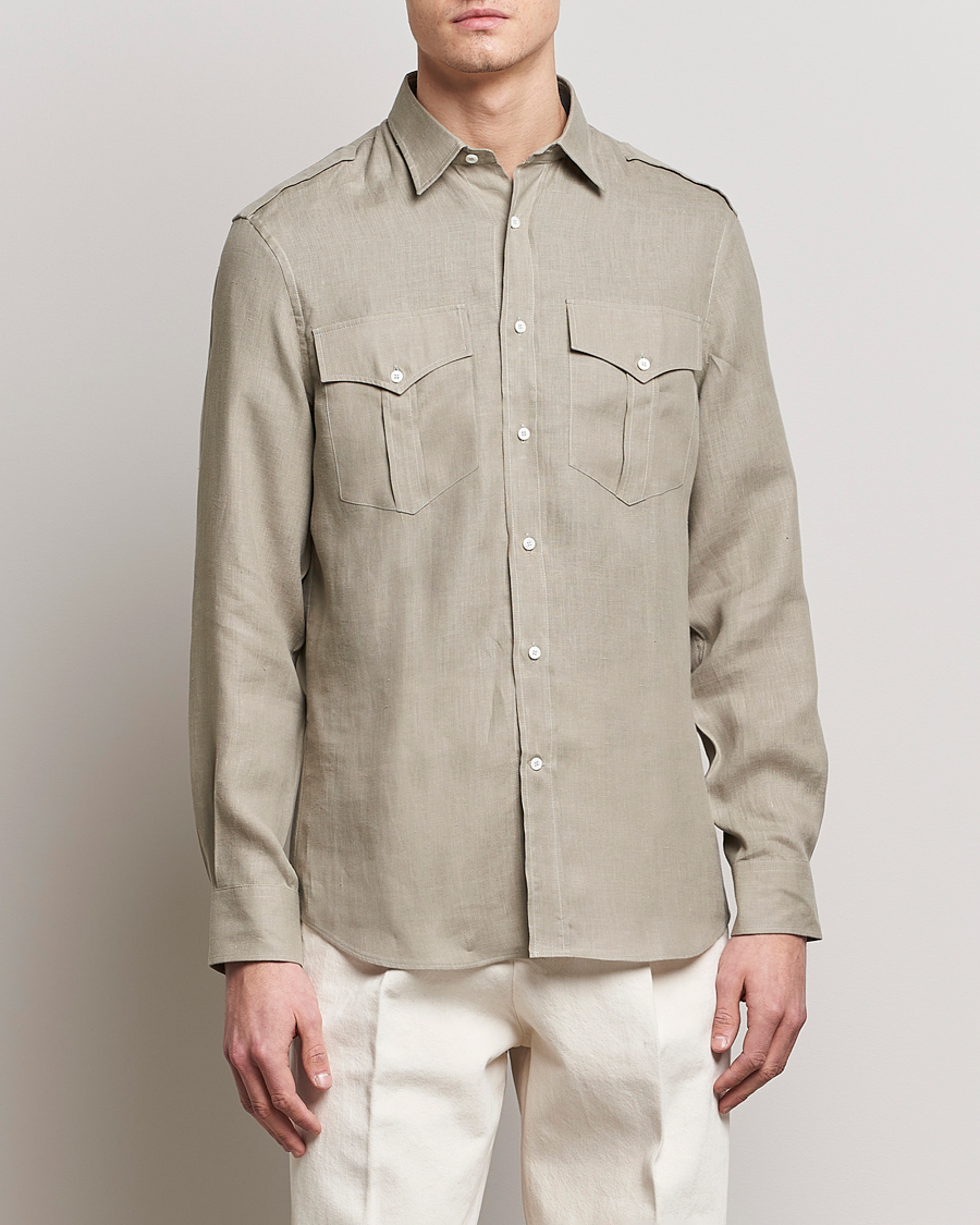 Herre | Shirt Jackets | Brunello Cucinelli | Linen Canapa Safari Shirt Olive