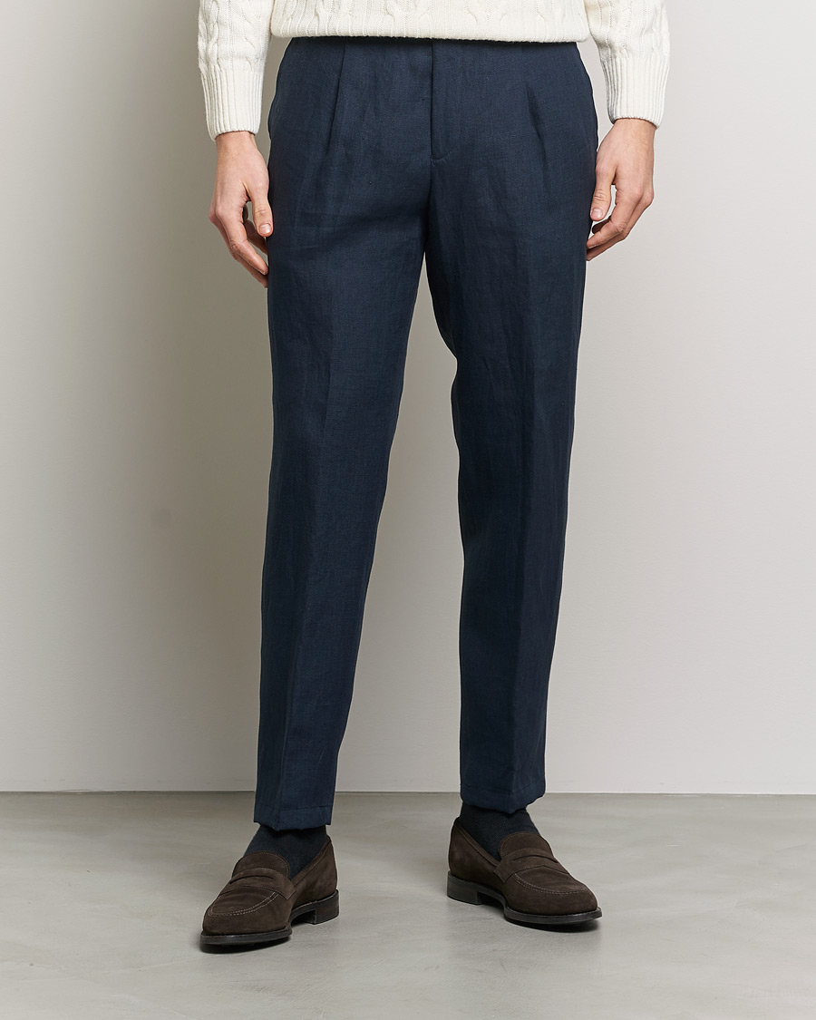 Herre | Bukser | Oscar Jacobson | Delon Linen Trousers Navy