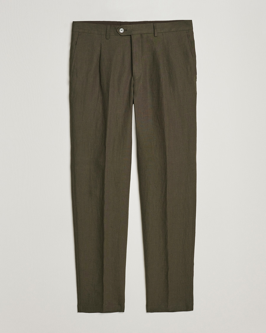 Herre | Bukser | Oscar Jacobson | Delon Linen Trousers Dark Green