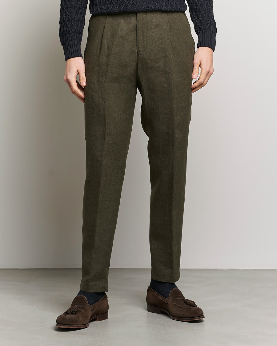 Herre | Bukser | Oscar Jacobson | Delon Linen Trousers Dark Green