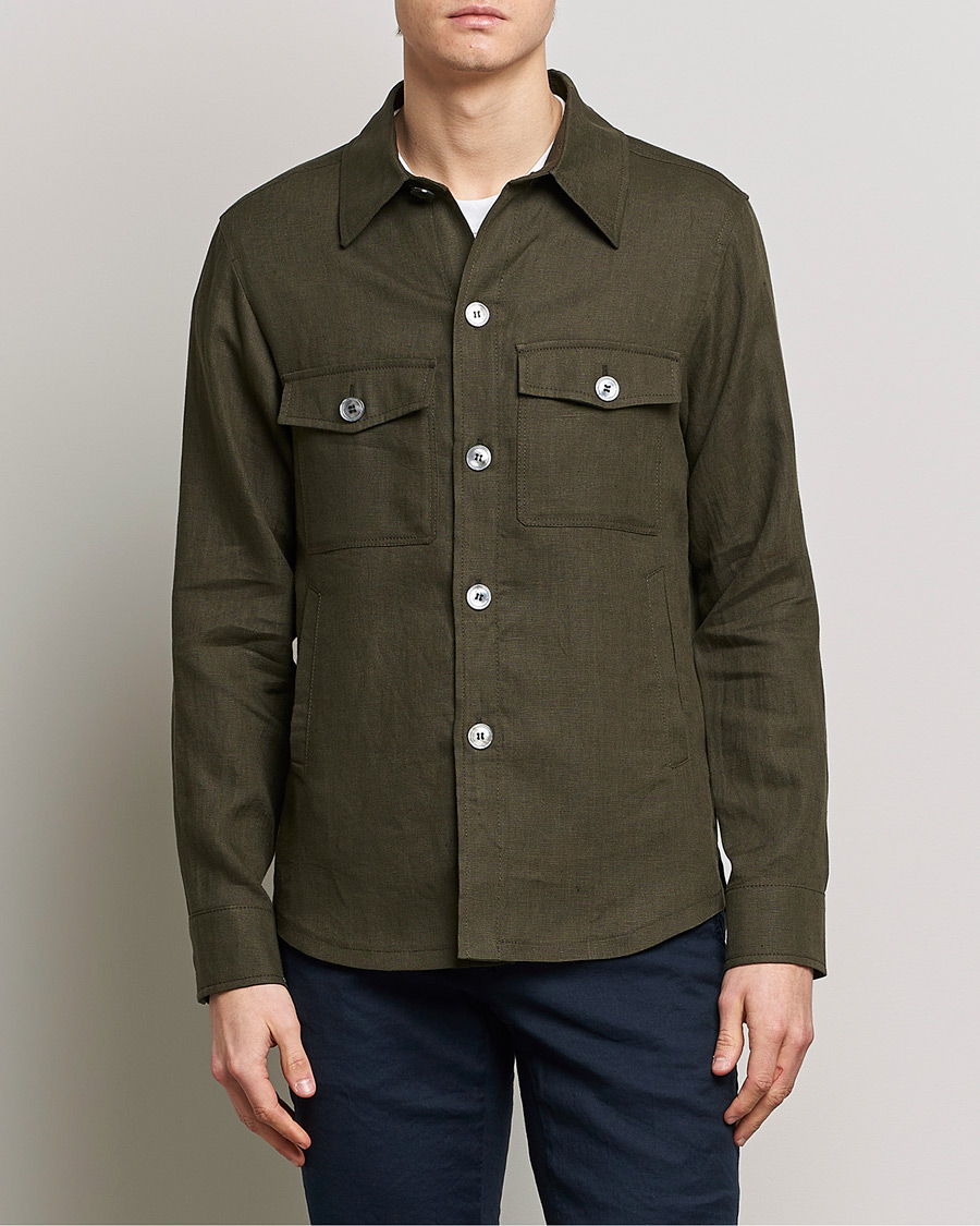 Herre | Shirt Jackets | Oscar Jacobson | Maverick Linen Shirt Jacket Olive