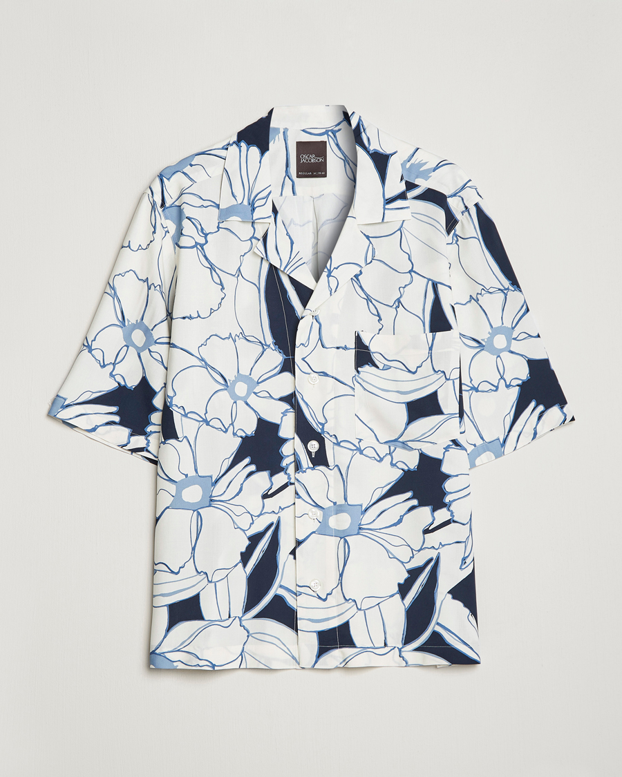 Herre | Skjorter | Oscar Jacobson | Cuban Short Sleeve Flower Print Shirt White
