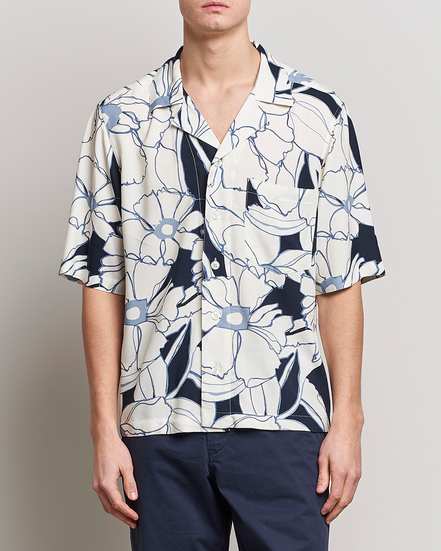 Herre | Skjorter | Oscar Jacobson | Cuban Short Sleeve Flower Print Shirt White