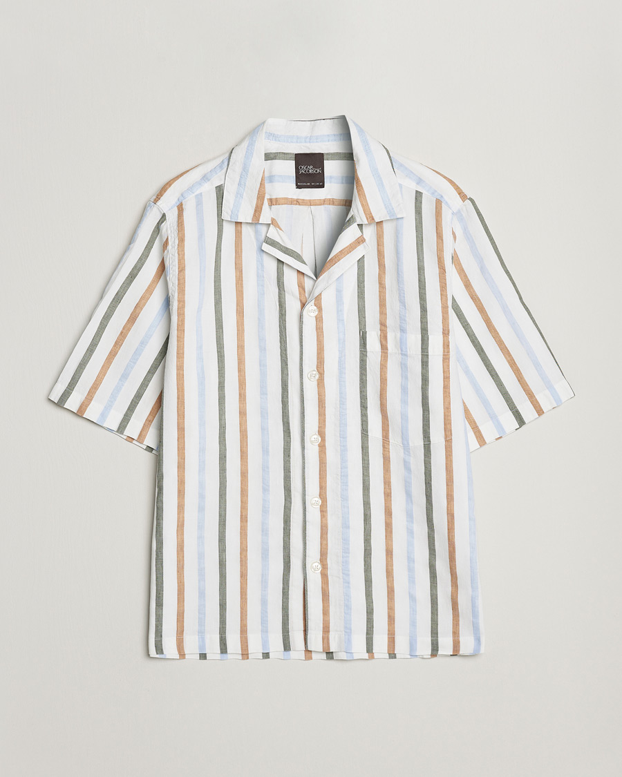 Herre | Skjorter | Oscar Jacobson | Cuban Short Sleeve Multi Stripe Shirt White
