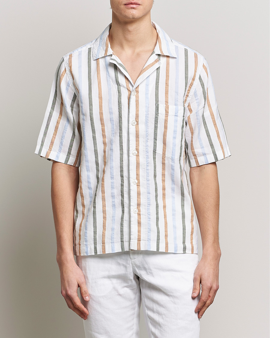Herre | Skjorter | Oscar Jacobson | Cuban Short Sleeve Multi Stripe Shirt White