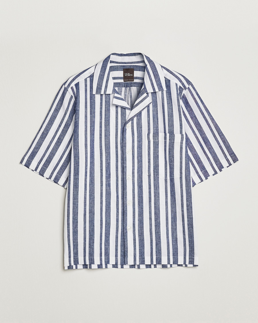 Herre | Skjorter | Oscar Jacobson | Cuban Short Sleeve Riviera Stripe Shirt White