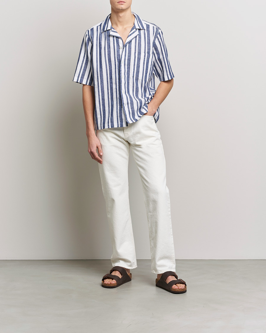 Herre | Skjorter | Oscar Jacobson | Cuban Short Sleeve Riviera Stripe Shirt White