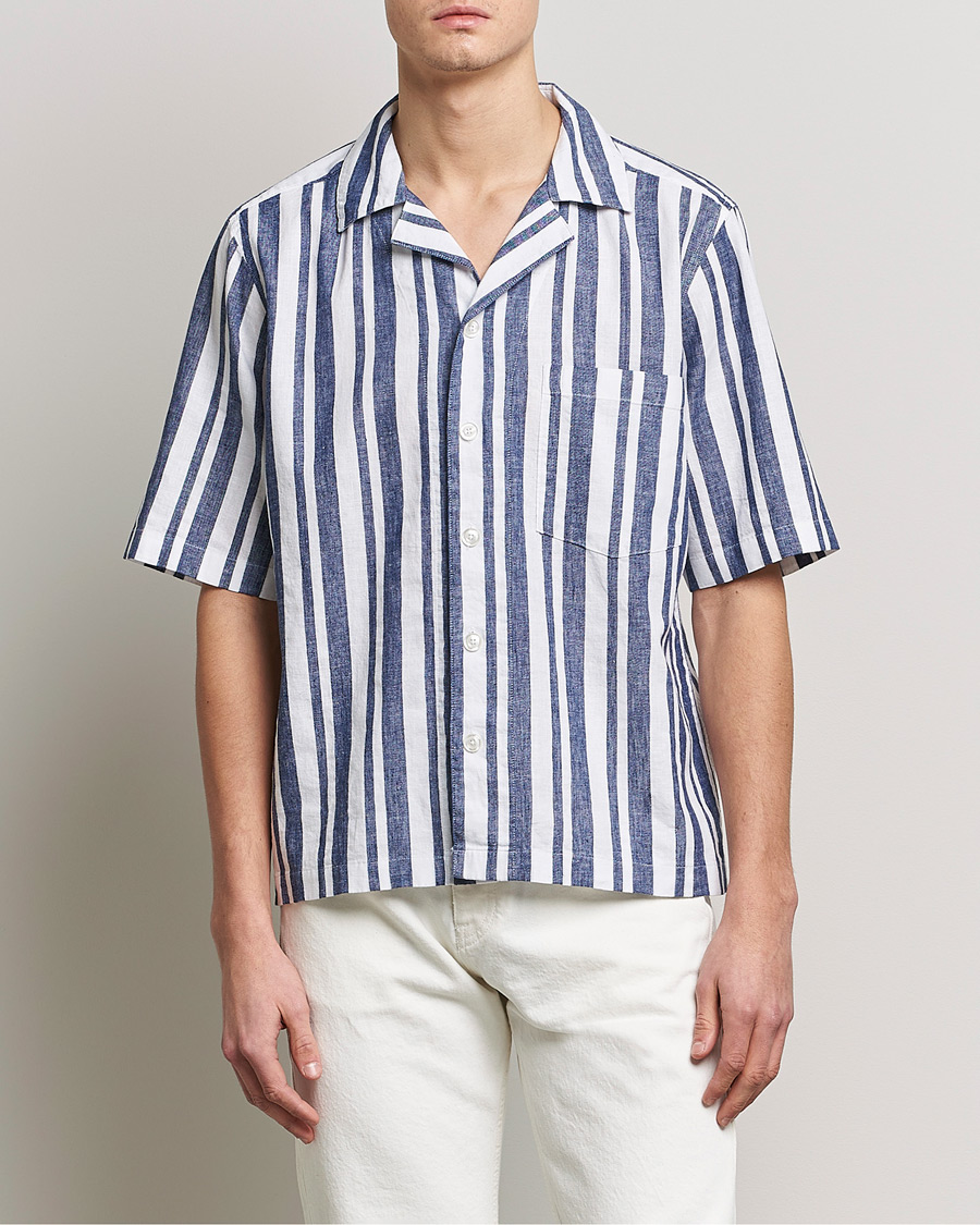 Herre | Skjorter | Oscar Jacobson | Cuban Short Sleeve Riviera Stripe Shirt White